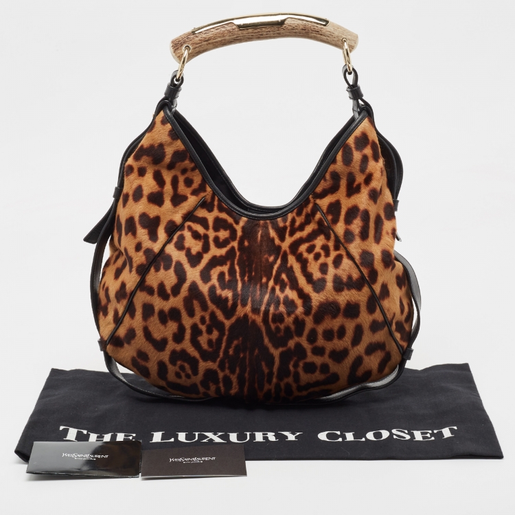 Pre Owned Yves Saint Laurent Black/Brown Leopard Print Calf Hair and Leather Mombasa Hobo