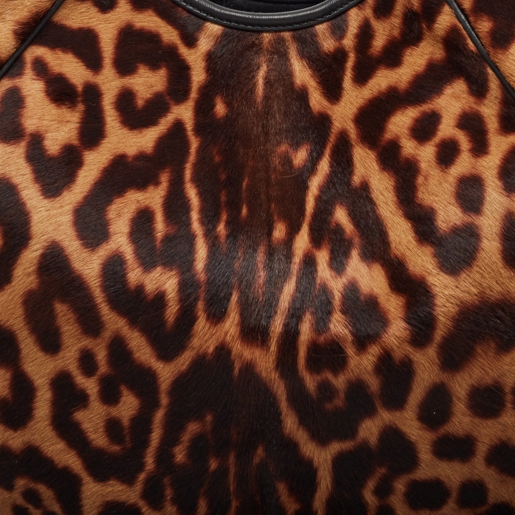 Pre Owned Yves Saint Laurent Black/Brown Leopard Print Calf Hair and Leather Mombasa Hobo