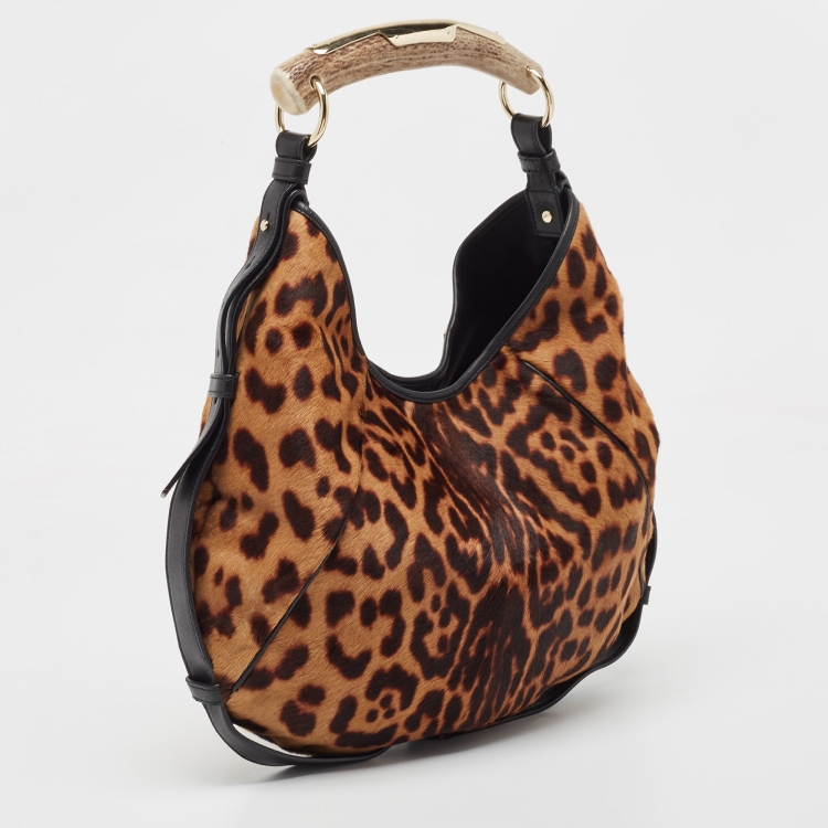 Pre Owned Yves Saint Laurent Black/Brown Leopard Print Calf Hair and Leather Mombasa Hobo