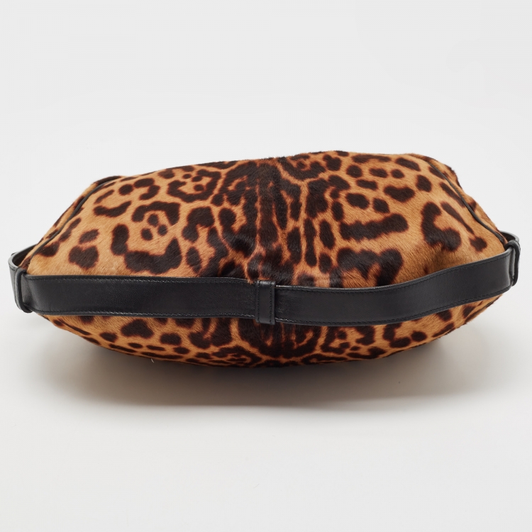 Pre Owned Yves Saint Laurent Black/Brown Leopard Print Calf Hair and Leather Mombasa Hobo