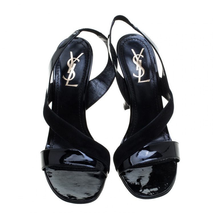 Pre Owned Saint Laurent Paris Black Patent Leather and Suede Slingback Sandals Size 40