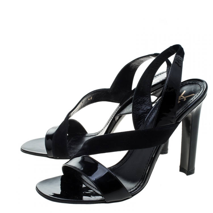 Pre Owned Saint Laurent Paris Black Patent Leather and Suede Slingback Sandals Size 40