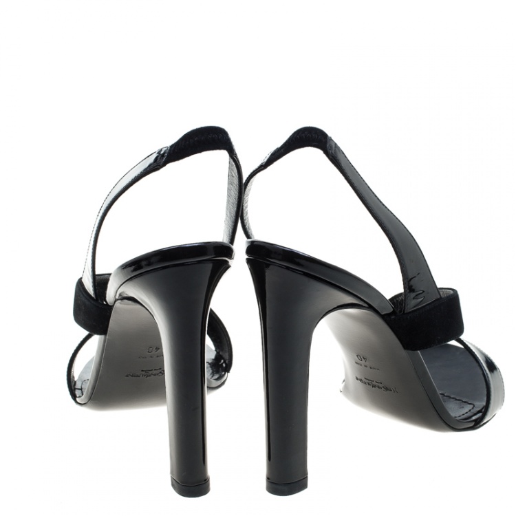 Pre Owned Saint Laurent Paris Black Patent Leather and Suede Slingback Sandals Size 40