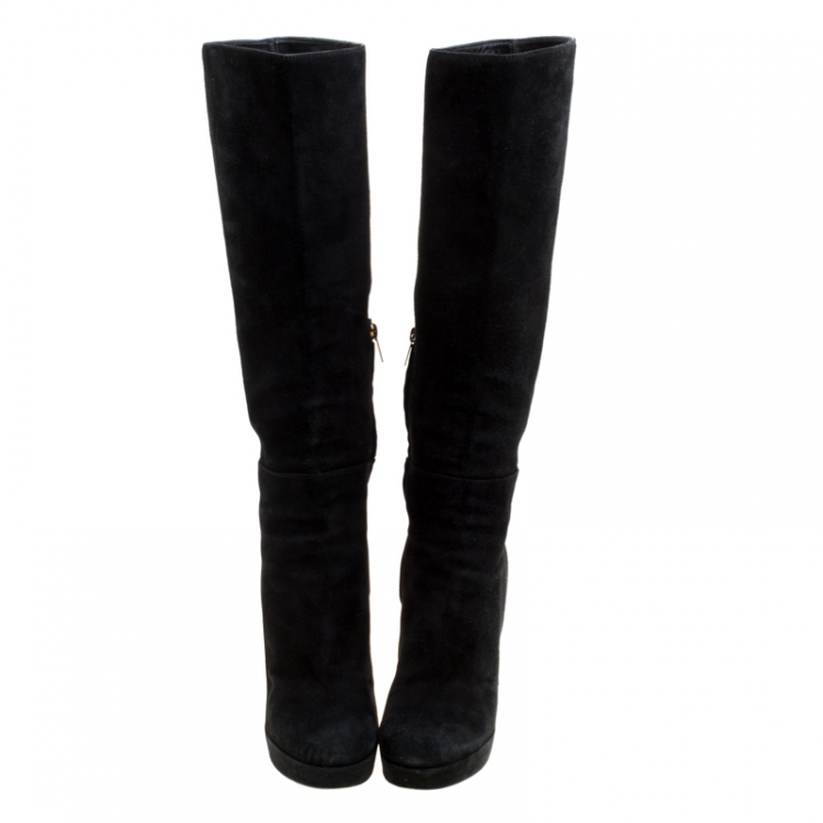 Pre Owned Saint Laurent Black Suede Block Heel Knee Length Platform Boots Size 40