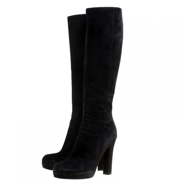 Pre Owned Saint Laurent Black Suede Block Heel Knee Length Platform Boots Size 40