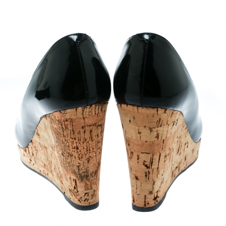 Pre Owned Saint Laurent Paris Black Patent Leather Cork Wedge Platform Pumps Size 38