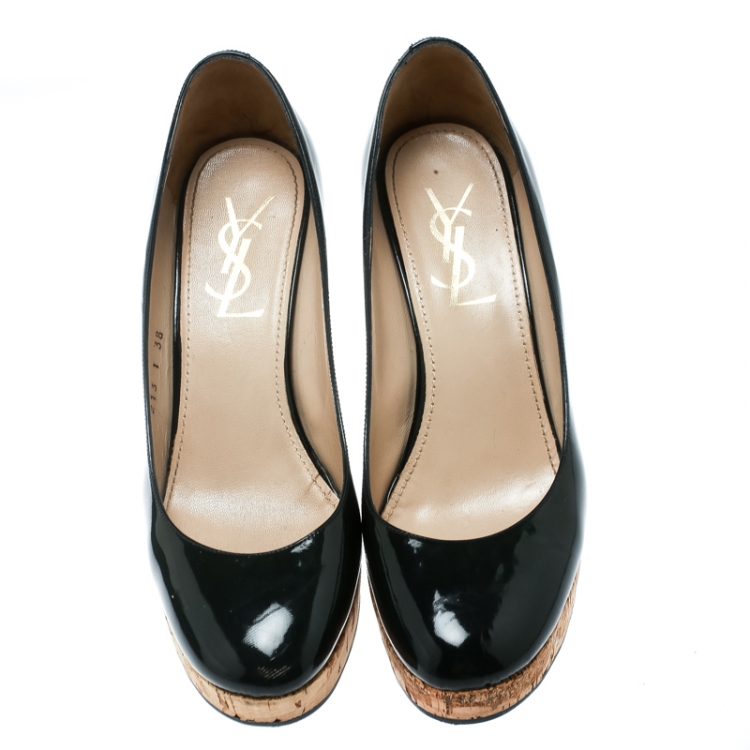 Pre Owned Saint Laurent Paris Black Patent Leather Cork Wedge Platform Pumps Size 38