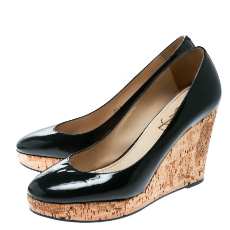 Pre Owned Saint Laurent Paris Black Patent Leather Cork Wedge Platform Pumps Size 38