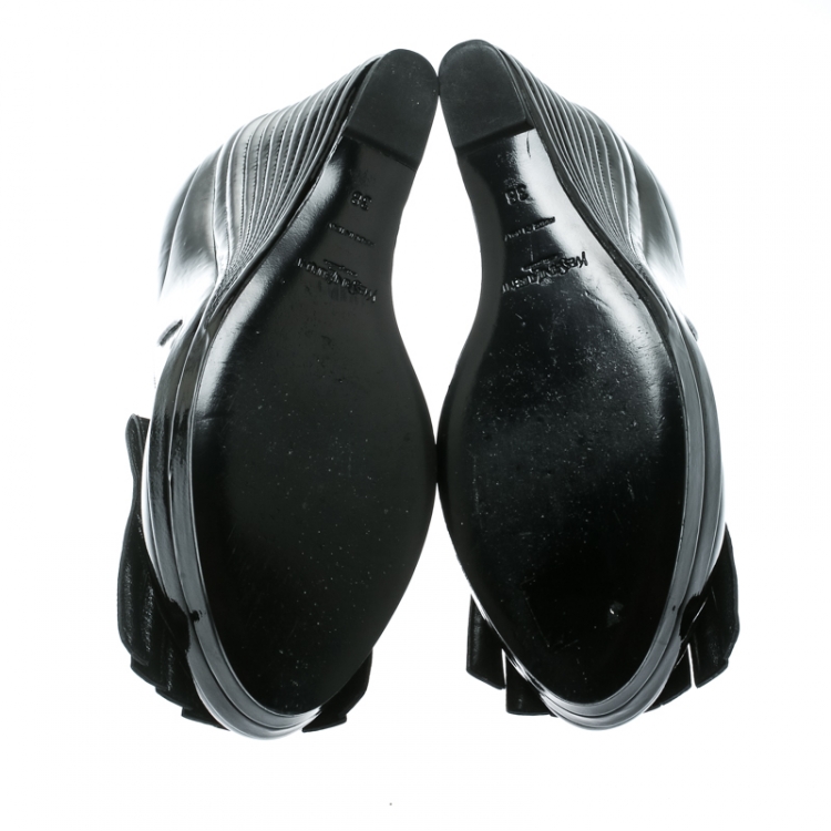 Pre Owned Saint Laurent Paris Black Patent Leather Myranda Fringe Detail Loafer Wedges Size 38