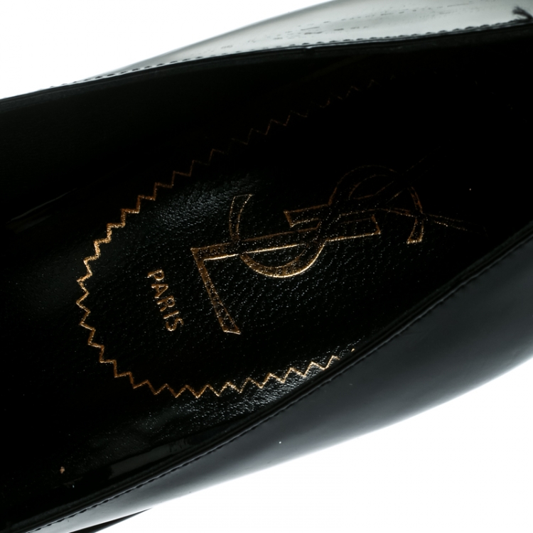 Pre Owned Saint Laurent Paris Black Patent Leather Myranda Fringe Detail Loafer Wedges Size 38