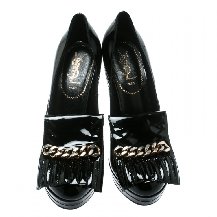 Pre Owned Saint Laurent Paris Black Patent Leather Myranda Fringe Detail Loafer Wedges Size 38