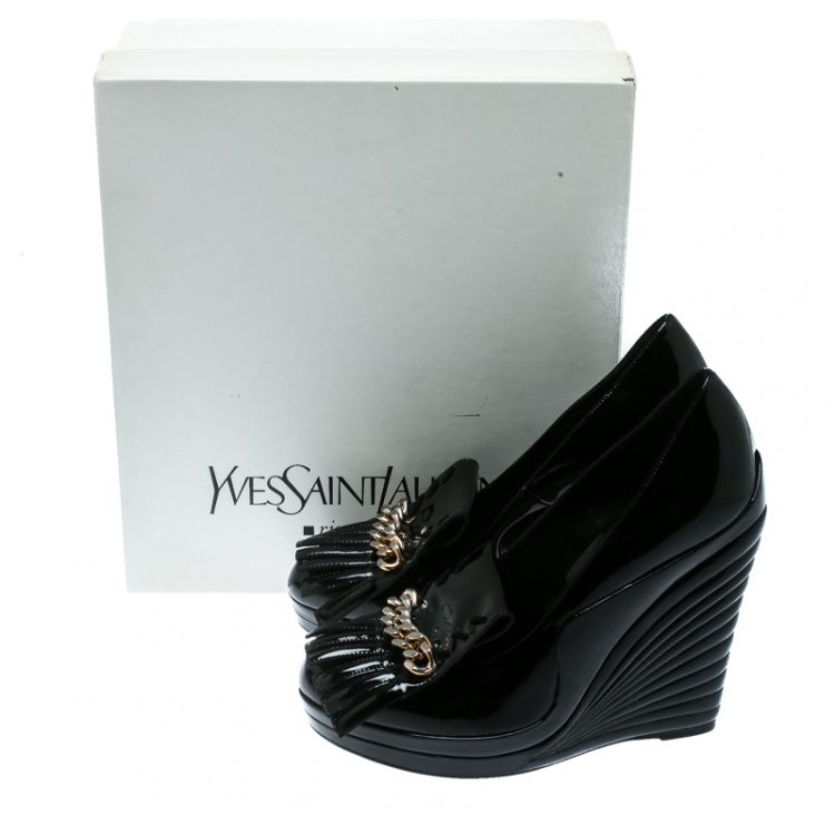 Pre Owned Saint Laurent Paris Black Patent Leather Myranda Fringe Detail Loafer Wedges Size 38
