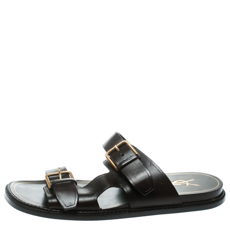 Pre Owned Saint Laurent Paris Brown Leather Buckle Detail Slides Size 40