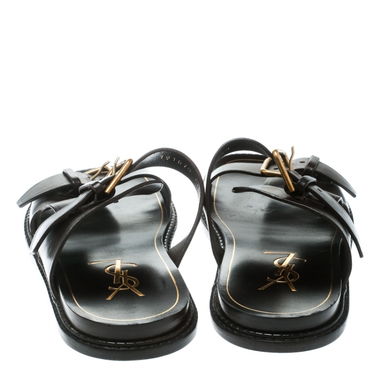 Pre Owned Saint Laurent Paris Brown Leather Buckle Detail Slides Size 40