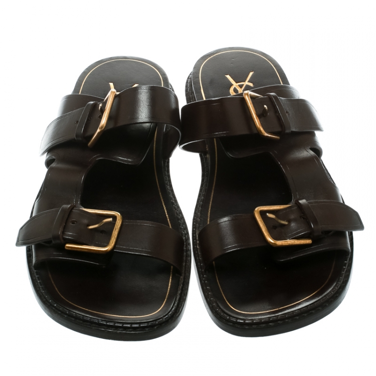 Pre Owned Saint Laurent Paris Brown Leather Buckle Detail Slides Size 40