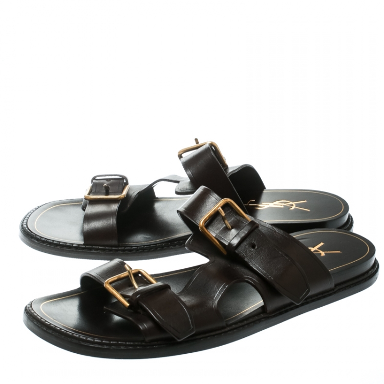 Pre Owned Saint Laurent Paris Brown Leather Buckle Detail Slides Size 40