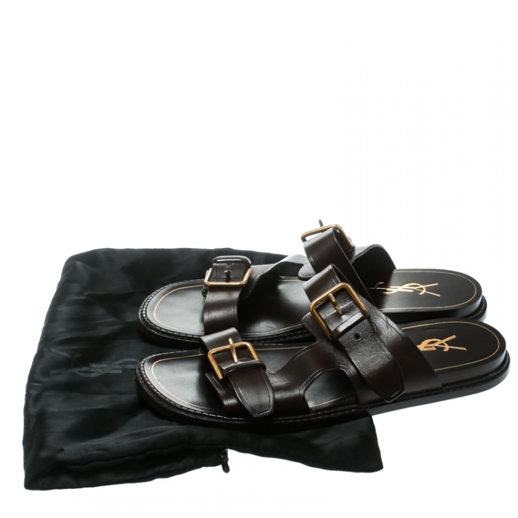 Pre Owned Saint Laurent Paris Brown Leather Buckle Detail Slides Size 40