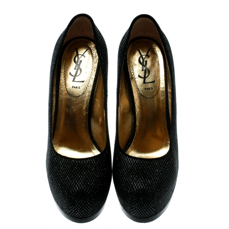Pre Owned Yves Saint Laurent Black Textured Suede Tribtoo Platform Pumps Size 37
