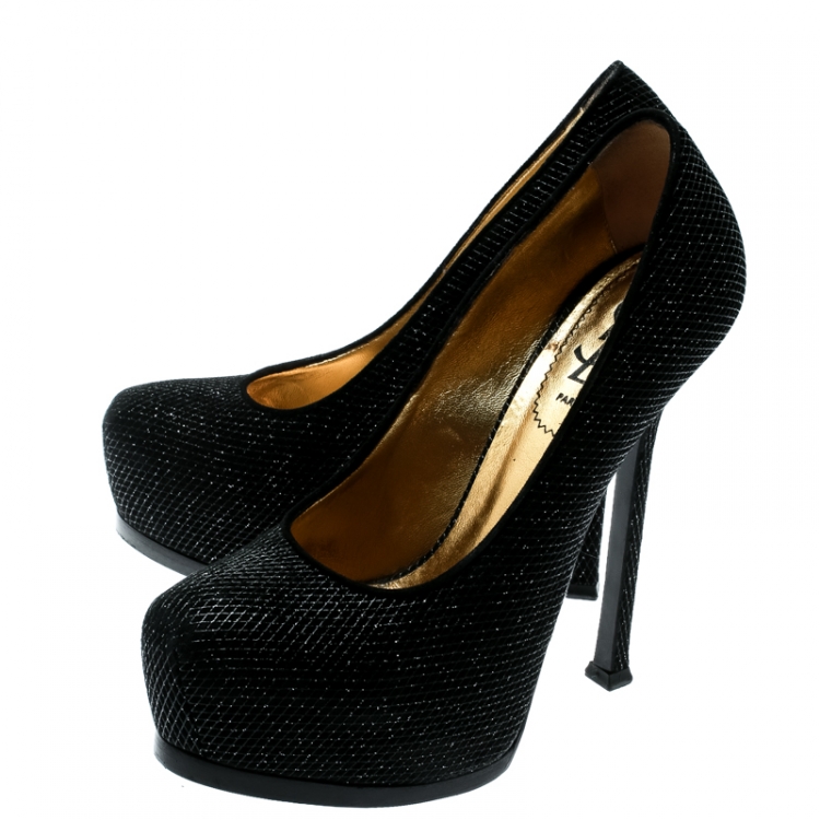 Pre Owned Yves Saint Laurent Black Textured Suede Tribtoo Platform Pumps Size 37