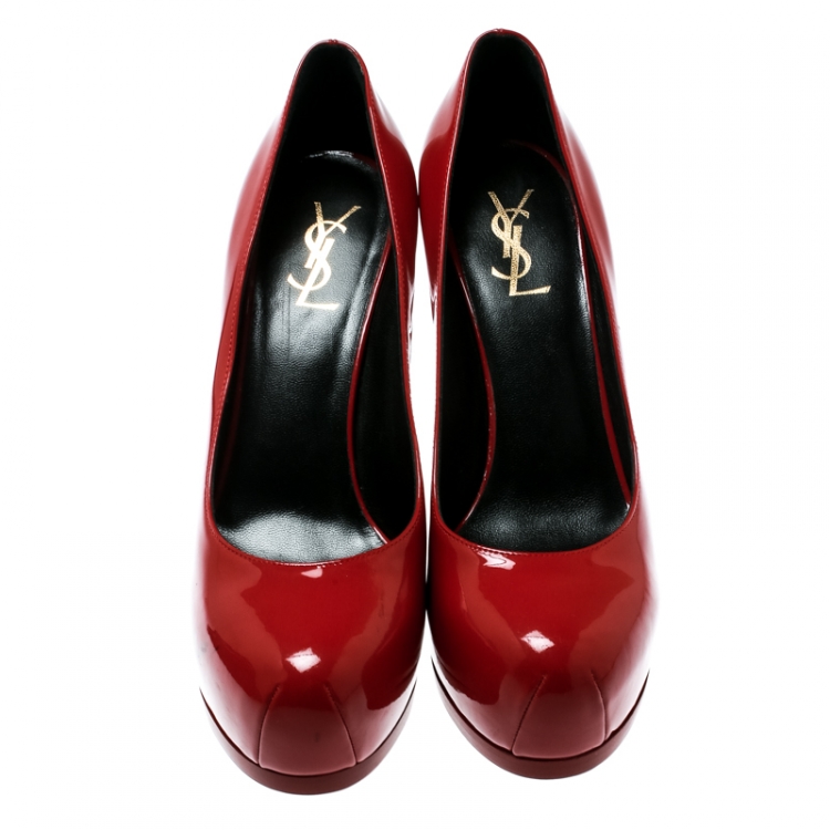 Pre Owned Saint Laurent Paris Red Patent Leather Tribtoo Platform Pumps Size 39