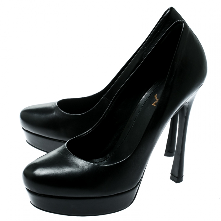Pre Owned Saint Laurent Paris Black Leather Tribute Platform Pumps Size 38.5