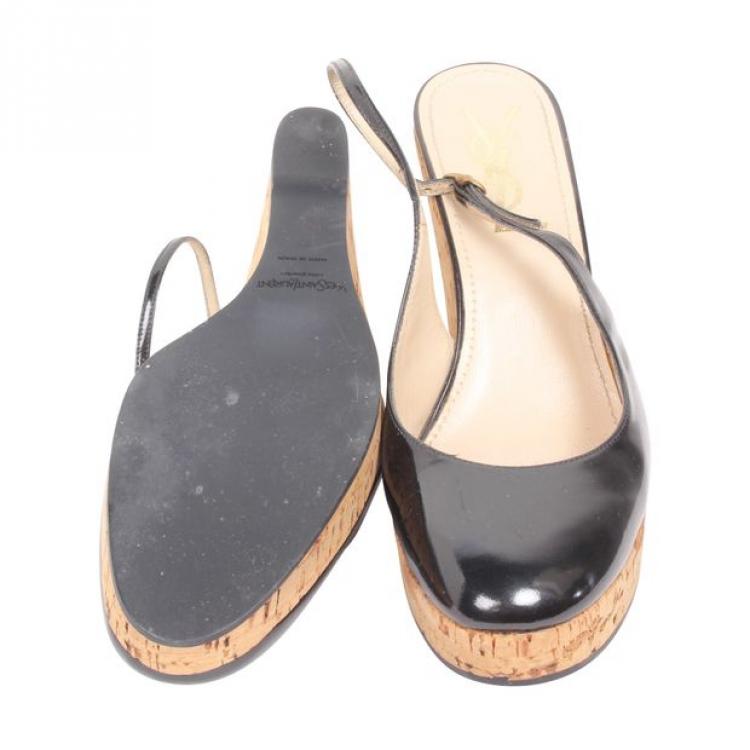 Pre Owned Saint Laurent Black Patent Leather Wedge Sandals Size 37
