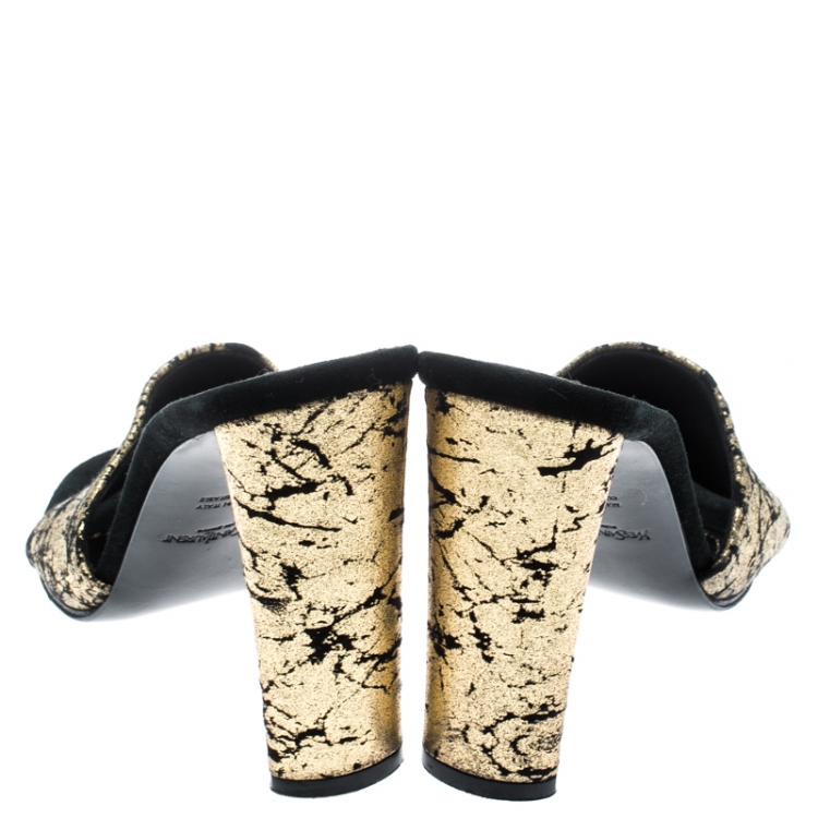 Pre Owned Saint Laurent Paris Metallic Gold/Black Suede Block Heel Sandals Size 37