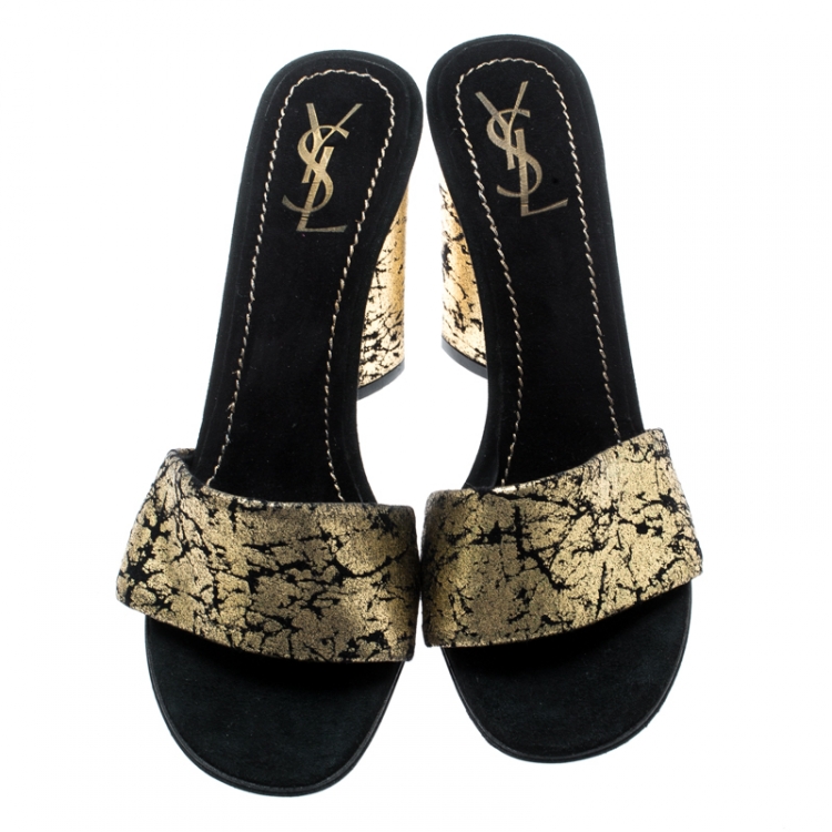Pre Owned Saint Laurent Paris Metallic Gold/Black Suede Block Heel Sandals Size 37