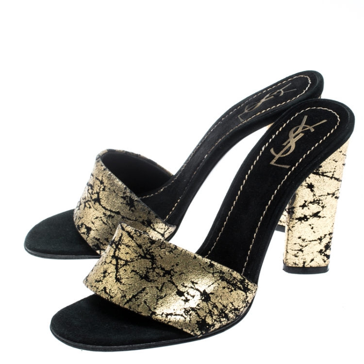 Pre Owned Saint Laurent Paris Metallic Gold/Black Suede Block Heel Sandals Size 37