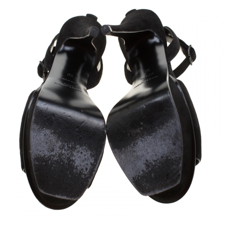 Pre Owned Saint Laurent Paris Black Suede Ankle Strap Platform Sandals Size 36