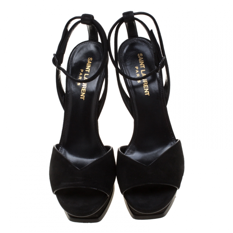 Pre Owned Saint Laurent Paris Black Suede Ankle Strap Platform Sandals Size 36