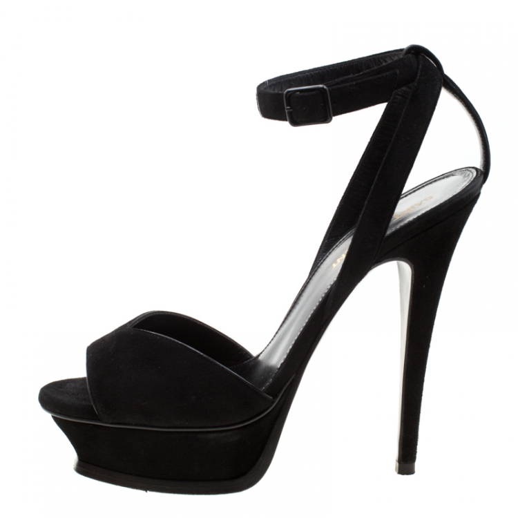Pre Owned Saint Laurent Paris Black Suede Ankle Strap Platform Sandals Size 36