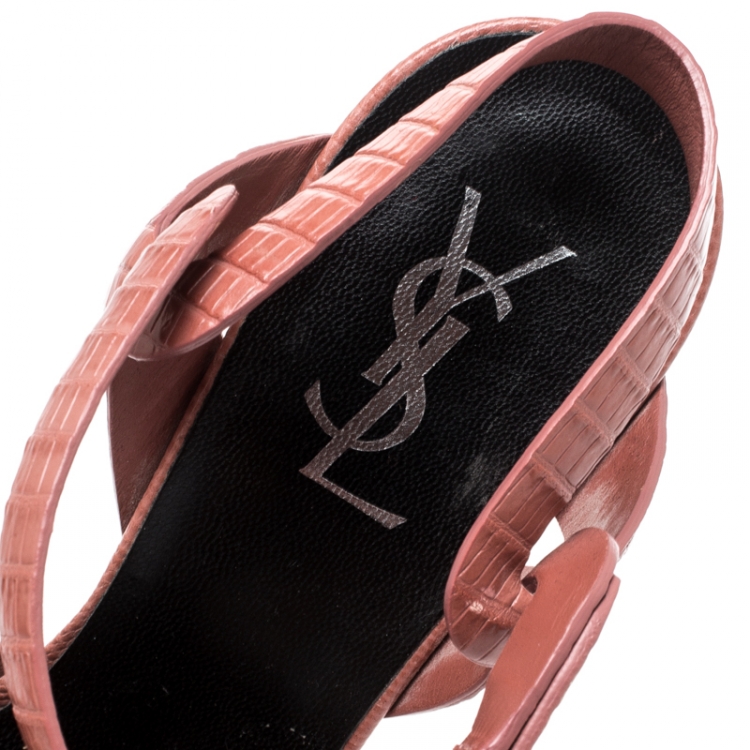 Pre Owned Saint Laurent Paris Nude Embossed Lizard Leather Tribute Platform Sandals Size 38.5
