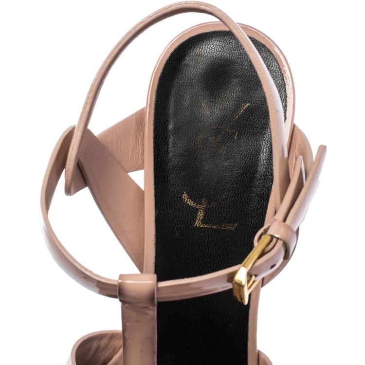Pre Owned Saint Laurent Paris Pale Pink Patent Leather Tribute Platform Sandals Size 37