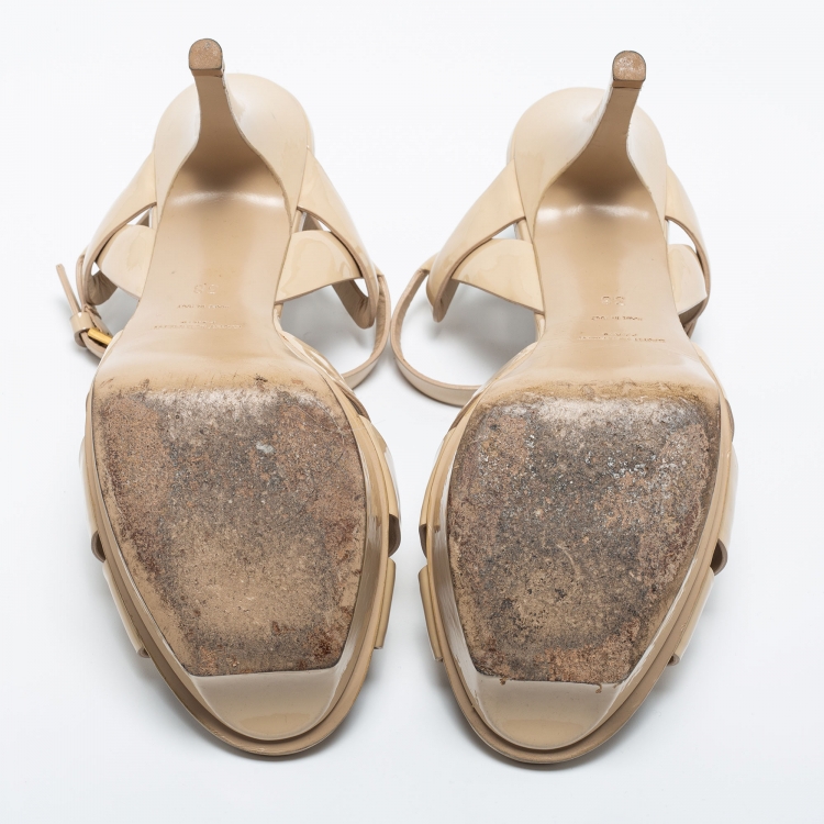 Pre Owned Yves Saint Laurent Beige Patent leather Tribute Sandals Size 38