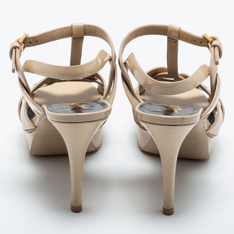 Pre Owned Yves Saint Laurent Beige Patent leather Tribute Sandals Size 38