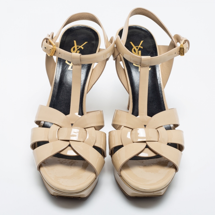 Pre Owned Yves Saint Laurent Beige Patent leather Tribute Sandals Size 38