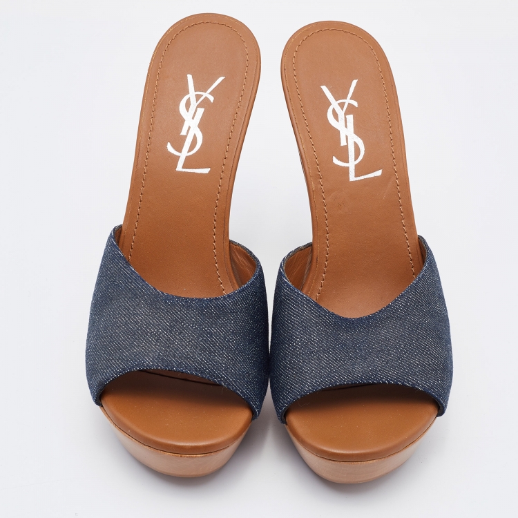 Pre Owned Yves Saint Laurent Blue Denim Platform Wooden Slide Sandals Size 37