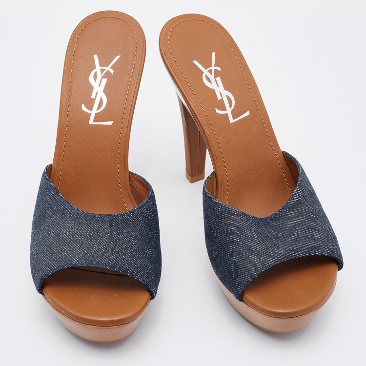 Pre Owned Yves Saint Laurent Blue Denim Platform Wooden Slide Sandals Size 37