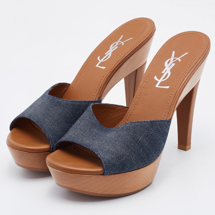 Pre Owned Yves Saint Laurent Blue Denim Platform Wooden Slide Sandals Size 37