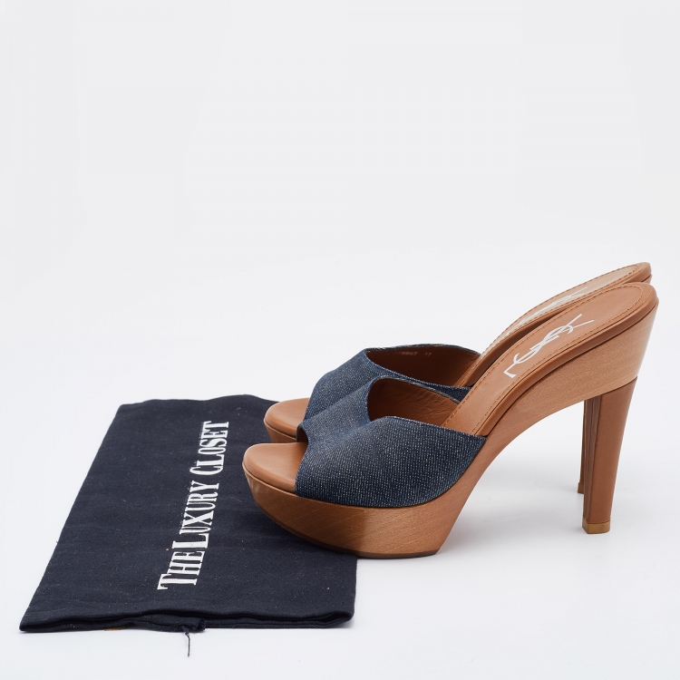 Pre Owned Yves Saint Laurent Blue Denim Platform Wooden Slide Sandals Size 37