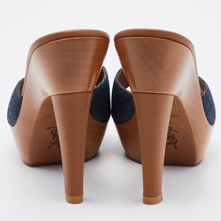 Pre Owned Yves Saint Laurent Blue Denim Platform Wooden Slide Sandals Size 37