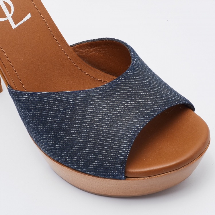 Pre Owned Yves Saint Laurent Blue Denim Platform Wooden Slide Sandals Size 37