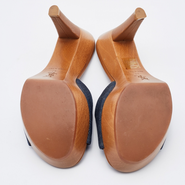 Pre Owned Yves Saint Laurent Blue Denim Platform Wooden Slide Sandals Size 37