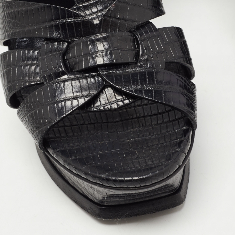 Pre Owned Saint Laurent Black Lizard Embossed Leather Tribute Platform Sandals Size 37.5