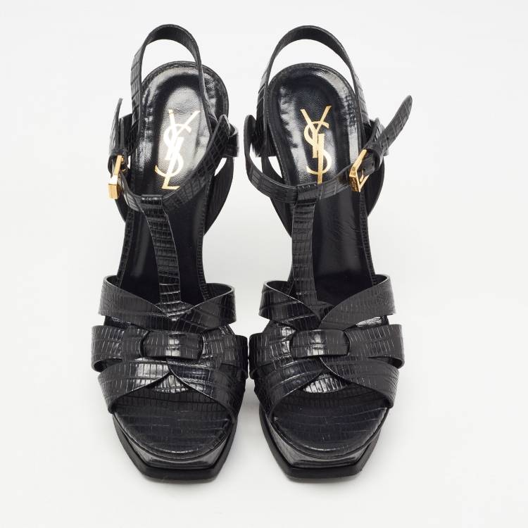 Pre Owned Saint Laurent Black Lizard Embossed Leather Tribute Platform Sandals Size 37.5
