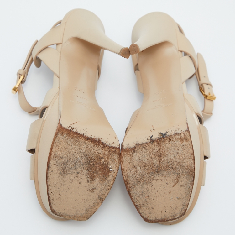 Pre Owned Yves Saint Laurent Beige Leather Tribute Ankle Strap Platform Sandals Size 37.5
