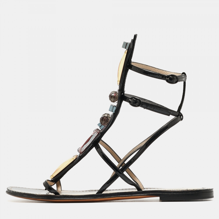 Pre Owned Yves Saint Laurent Black Patent Leather Embellished T-Bar Flat Sandals Size 39.5