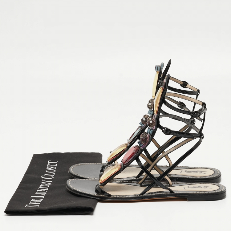 Pre Owned Yves Saint Laurent Black Patent Leather Embellished T-Bar Flat Sandals Size 39.5