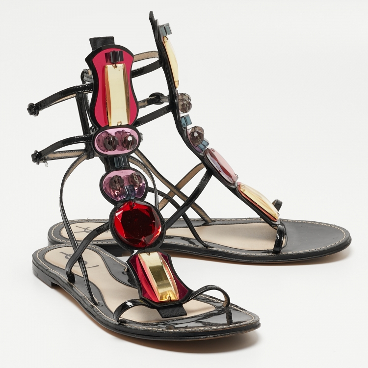 Pre Owned Yves Saint Laurent Black Patent Leather Embellished T-Bar Flat Sandals Size 39.5